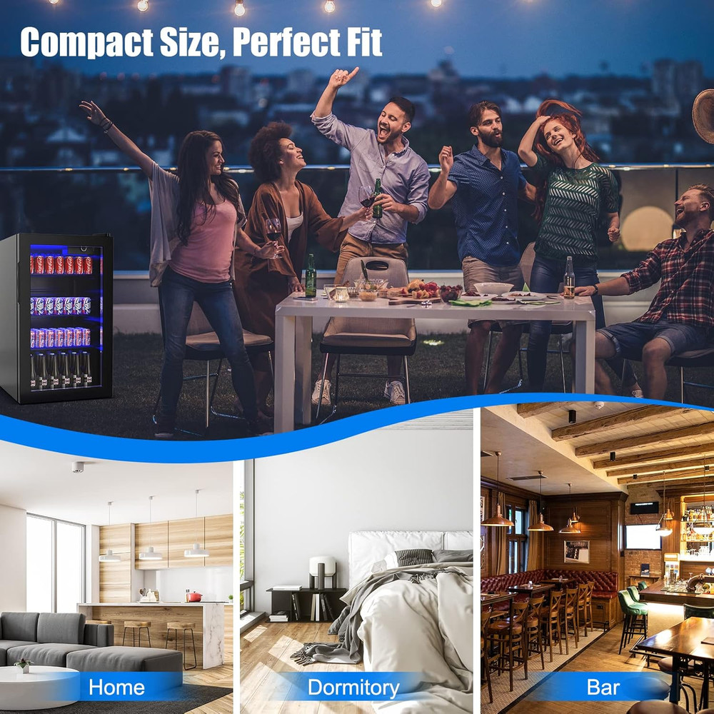 Compact 120 Can Beverage Refrigerator with LED Light and Adjustable Shelves