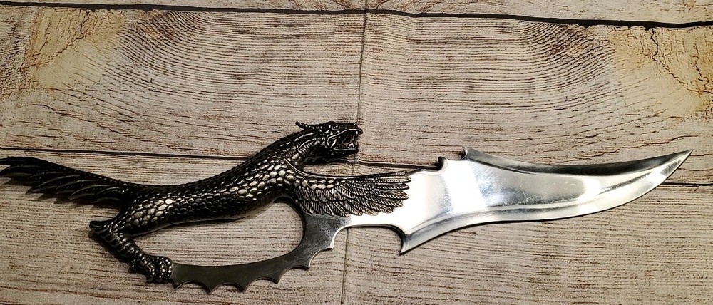 Large Bladed Dagger with a Dragon Handle and Footed Stand