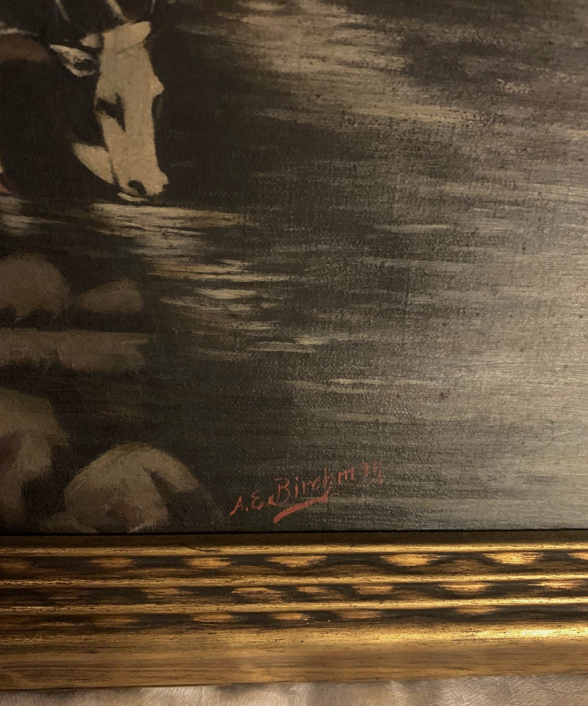 Large Antique Framed Painting Signed A.E. Birchman Cows Stream Scenery