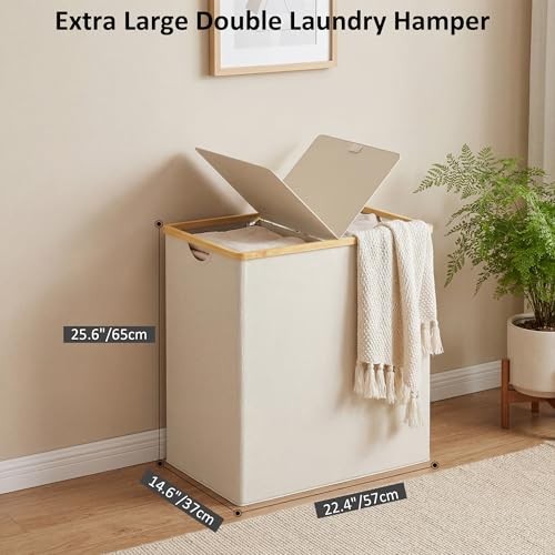 Laundry Hamper with Lid, Double Laundry Hamper with 2 140L Dual Beige