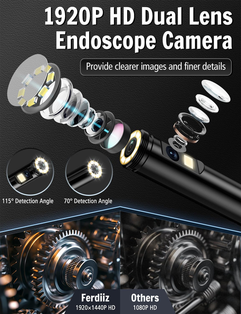 Dual Lens Endoscope Camera with Light, 1920P HD Borescope with 8 Adjustable LED