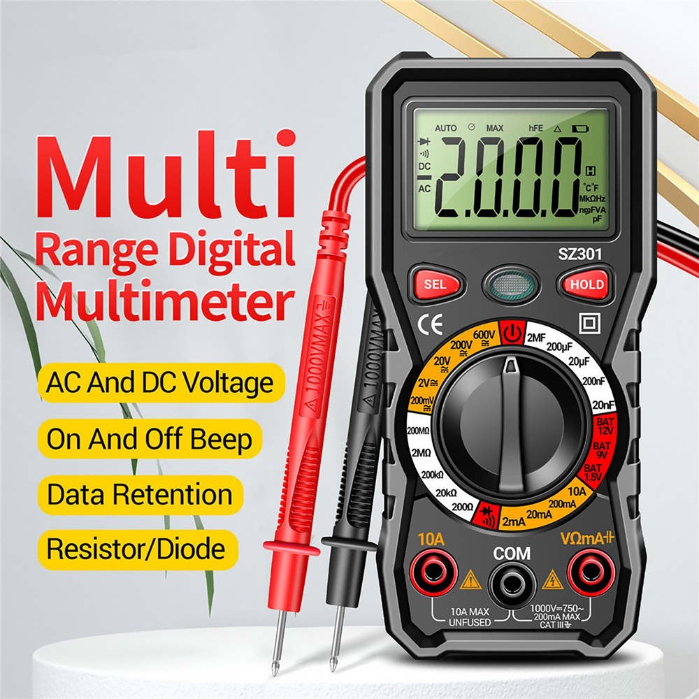 Digital Multimeter Auto-Ranging 600V 10A Measures AC DC Volt Amp Ohm Temp Diode
