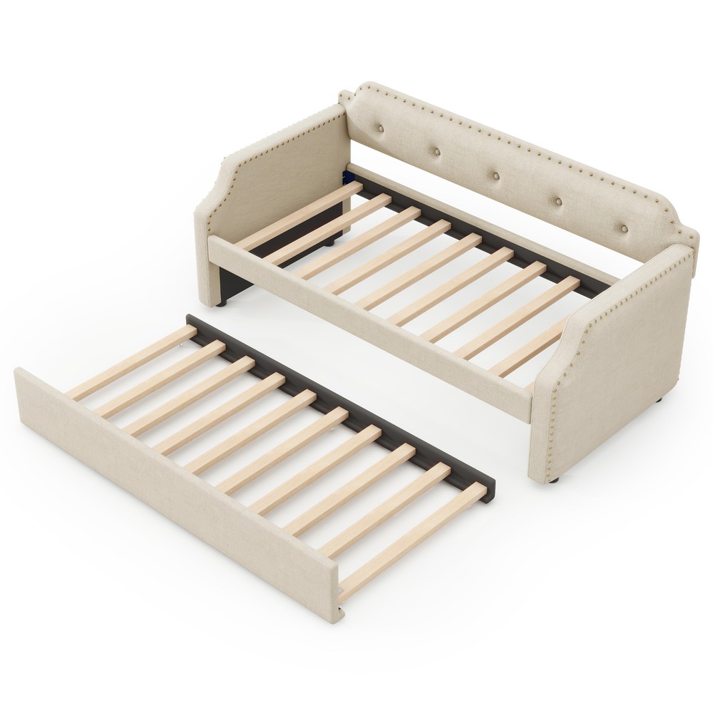 Reinforced Frame Twin Size Upholstered Daybed with Functional Trundle