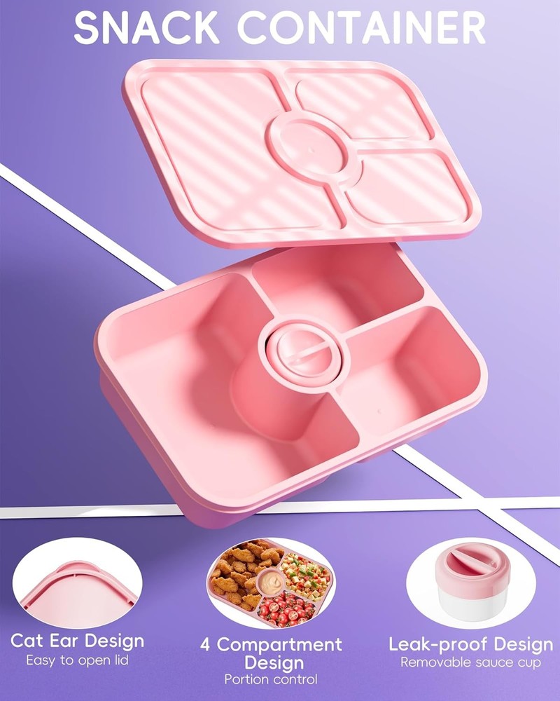 4 Pcs Bento Snack Box Containers, 4 Compartment Divided Stackable Food Storage C