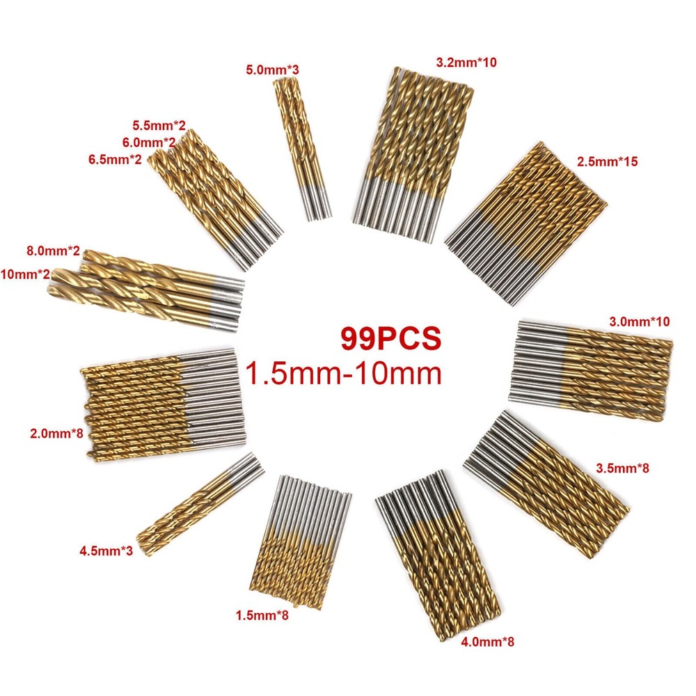 99PCS Drill Bit Set 1/16"-3/8" HSS Titanium Multi Drill Bits Twist Metal Tools