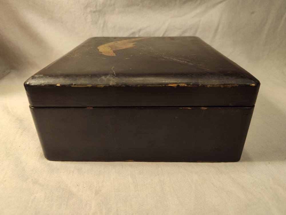 Antique Boho Shabby Chic Black Lacquer Japanese Box Pheasant Bird