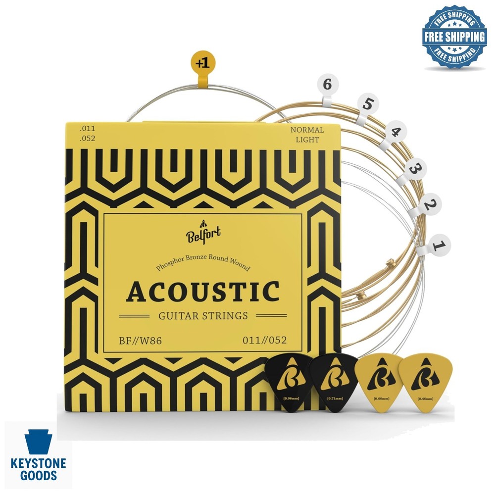 Phosphor Bronze Acoustic Guitar String Set + Bonus Picks & Extra E-String