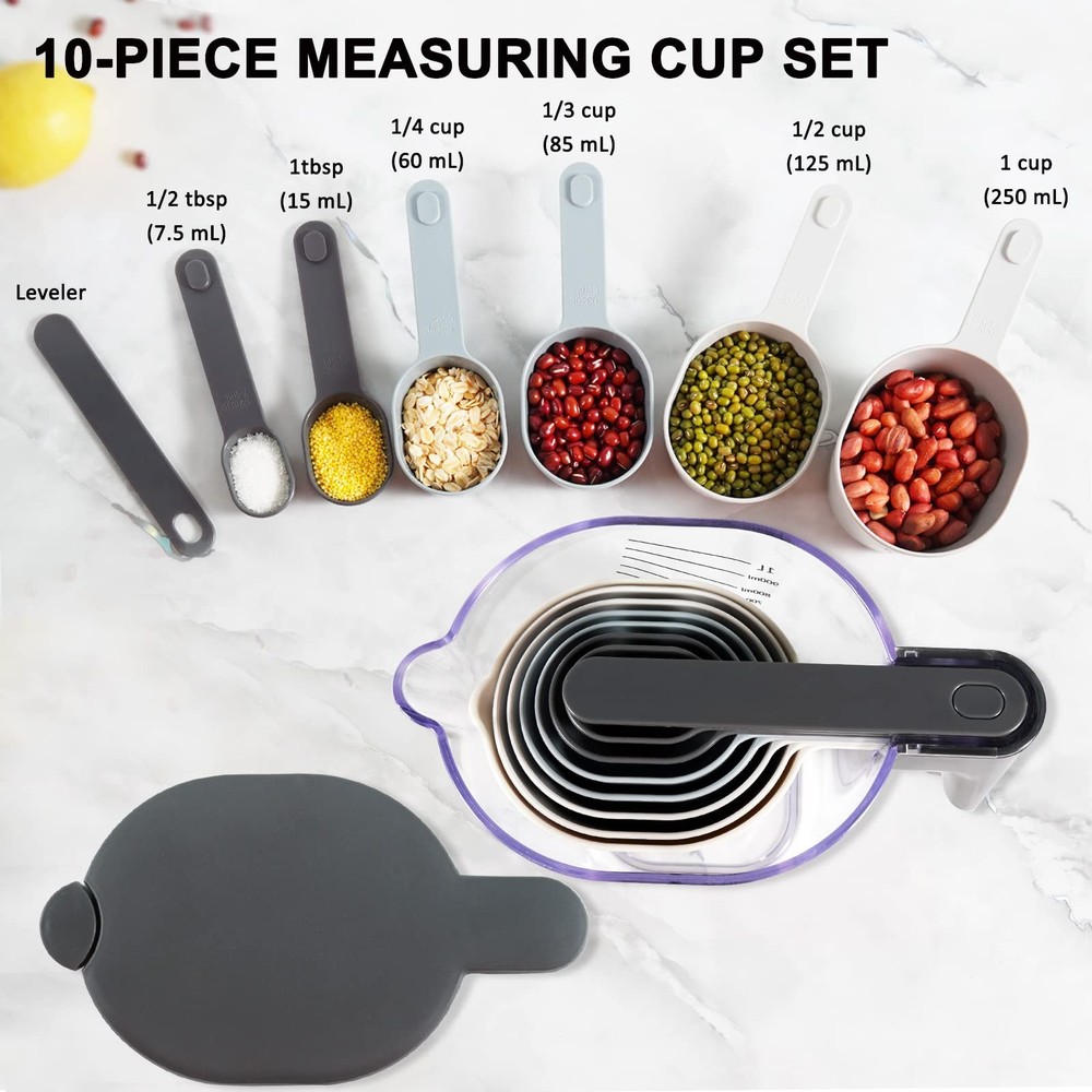 Measuring Cups and Spoons set 10 Pieces, Stackable Measuring Cup with Lid, Ki...