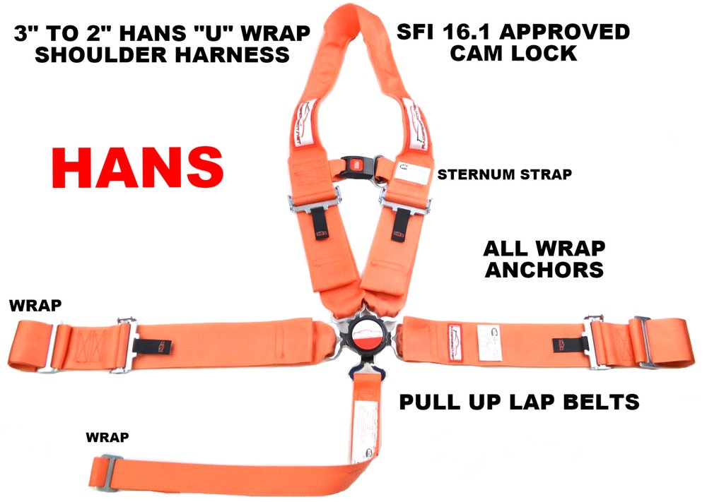 HANS RACE HARNESS 5 POINT CAM LOCK WITH STERNUM STRAP ORANGE