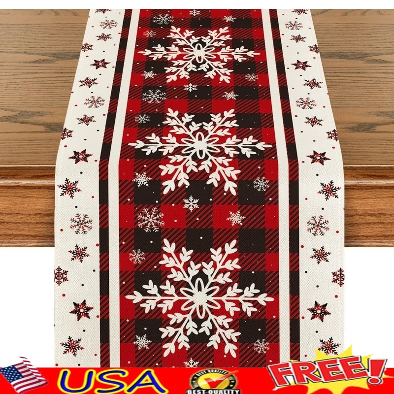 Durable Polyester Table Runner Modern Plaid Snowflake Design Dining Events New