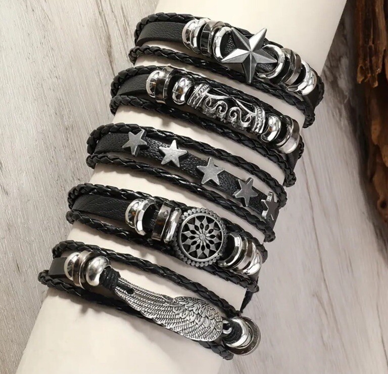 5 PC Leather Punk Bracelet Stackable Adjustable Tie New Free Ship B2657