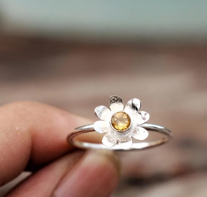 Solid 925 Sterling Silver Flower Yellow Citrine Gemstone Handmade Floral Ring