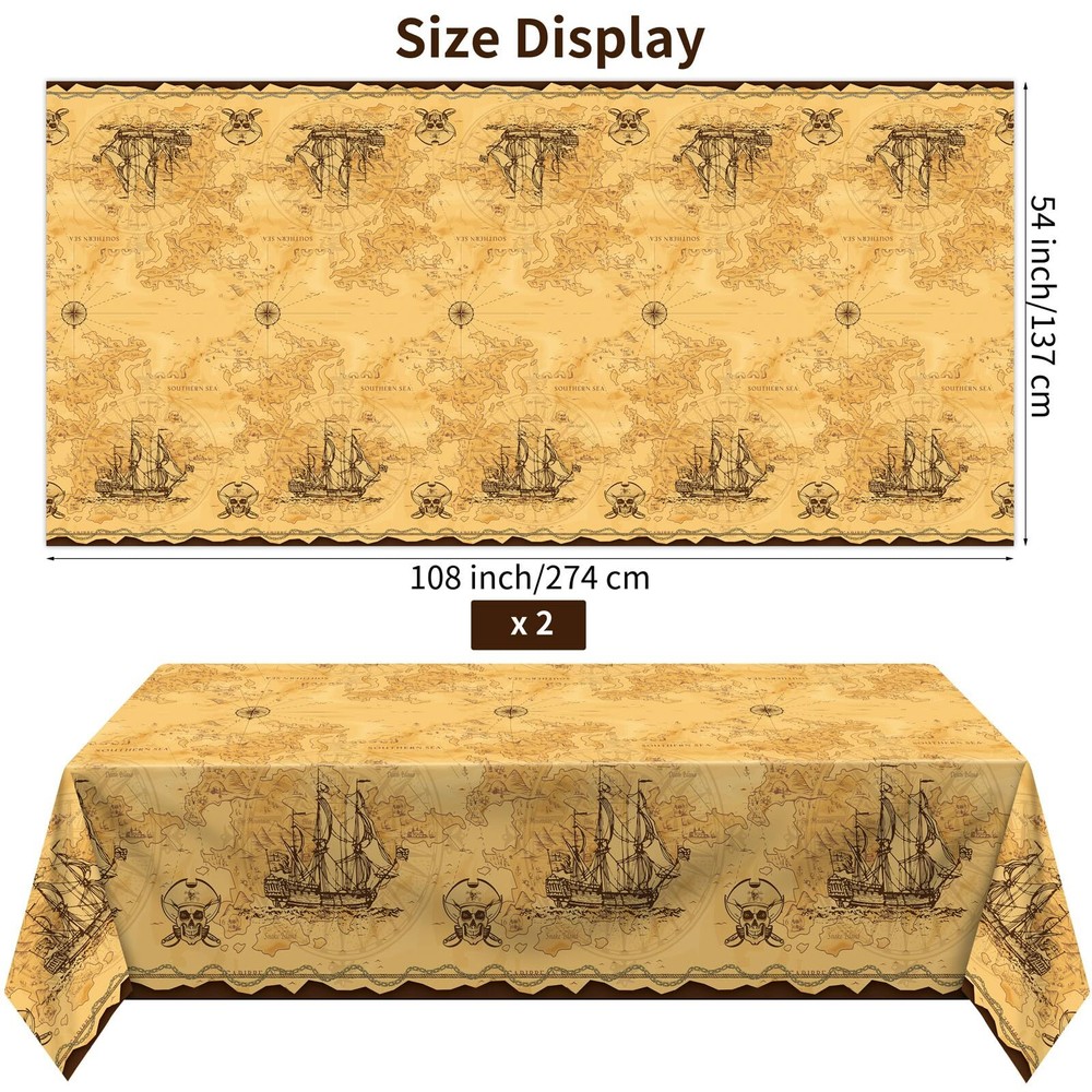 2 Pack Pirate Party Tablecloth Plastic Treasure Map Tablecover Disposable Pirate