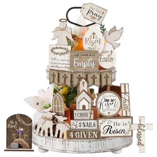 24 Pcs Easter Tiered Tray Decor He is Risen Cross Tray Decoration Sets Rustic