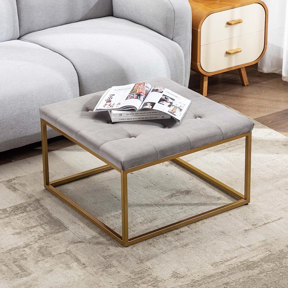 Upholstered Square Ottoman Coffee Table, Modern Tufted Ottoman with Metal Base