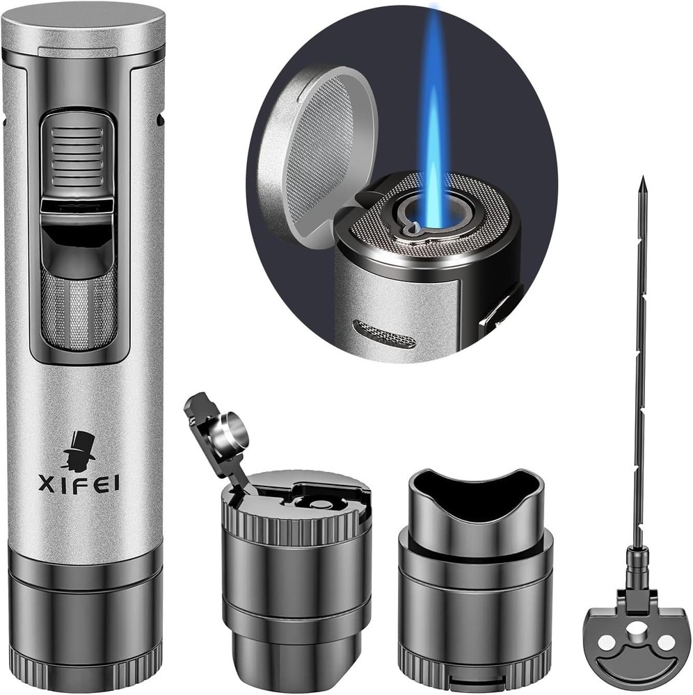 Cigar Lighter, Refillable Torch Lighter with Cigar Punch, Cigar Draw En