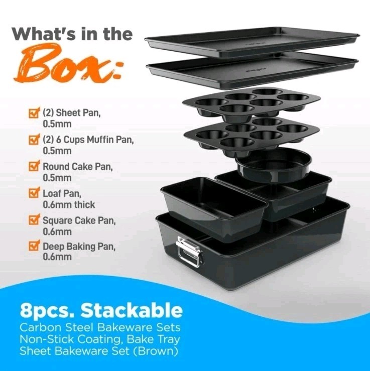 Nutrichef 8 Pc NCBKSTK3 Black Stackable Carbon Steel Bakeware Sets