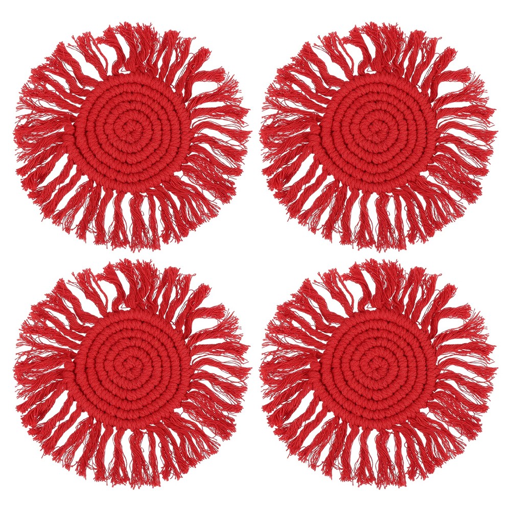 4Pcs Boho Coasters, Woven Drink Coasters with Tassel, Red