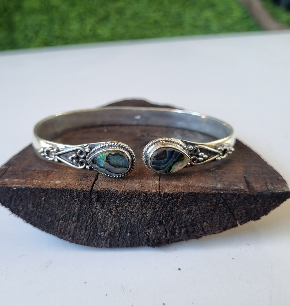 Abalone Shell Gemstone Bangle 925 Sterling Silver Adjustable Silver Bangle Gift