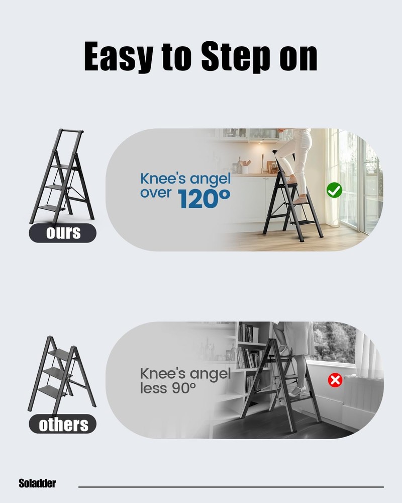 3 Step Ladder, Slim Folding Steps Stool with Handrail, Iron Foldable Black La...