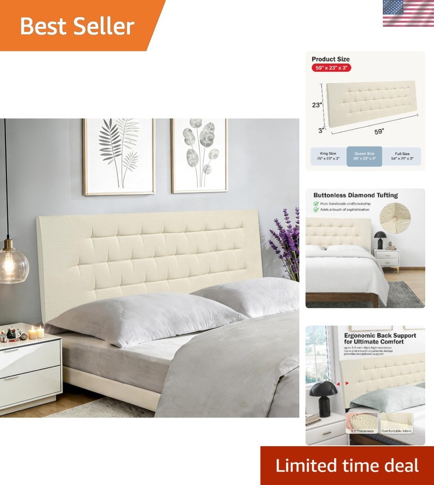 No-Tools Needed Queen Upholstered Headboard with Diamond Tufted Design in Beige