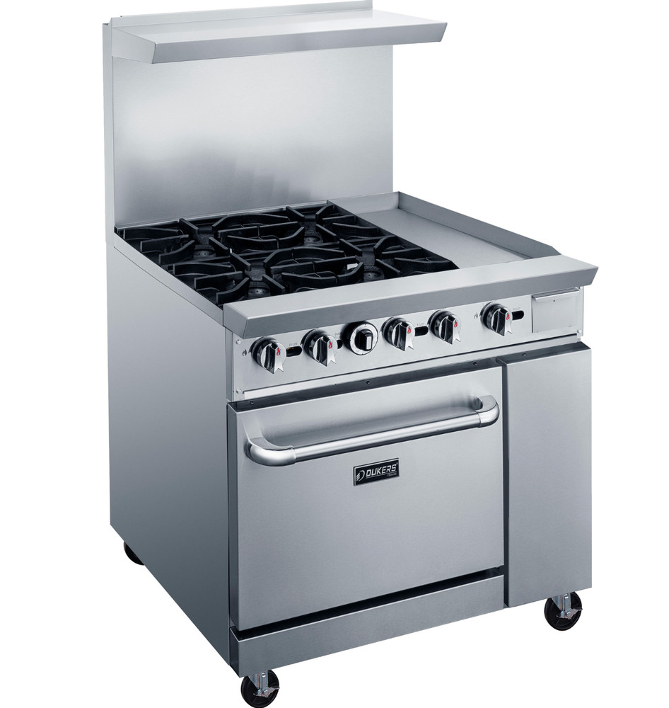 NEW 36" Range 12" Griddle 4 Burner Combo Std Oven NG On Wheels Dukers #1336