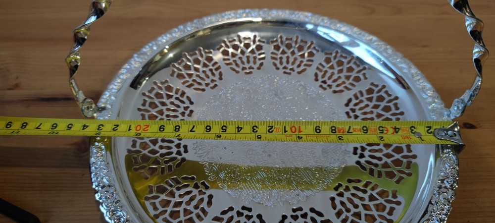 Vintage Silver Plated Cake Serving Plate. Pierced with Swing Handle - Prop/Decor