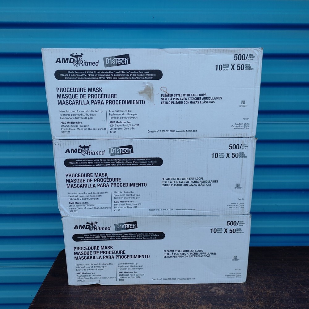 (1) Box 500 Masks AMD Ritmed 2115 Distech Earloop Facemasks ASTM Level 2 Blue