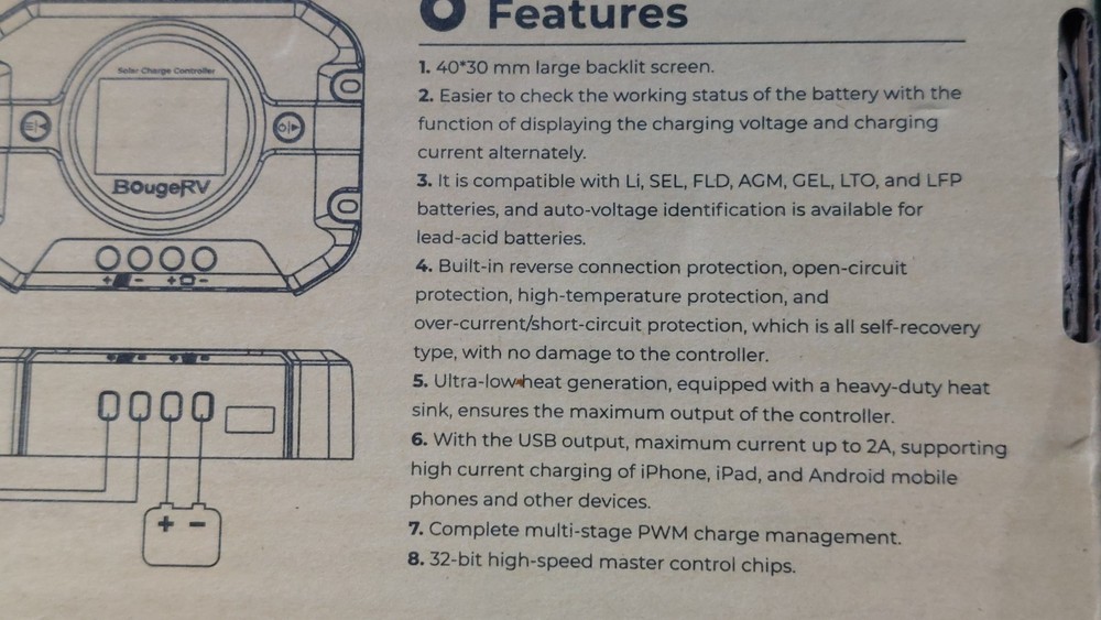 BougeRV 10A PWM Negative Ground Solar Charge Controller ISE132B Screen USB Solar