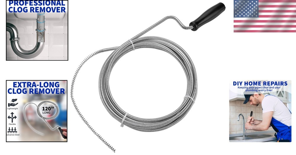 10 ft Metal Drain Snake Tool for Efficient Clog Removal - Versatile & Compact