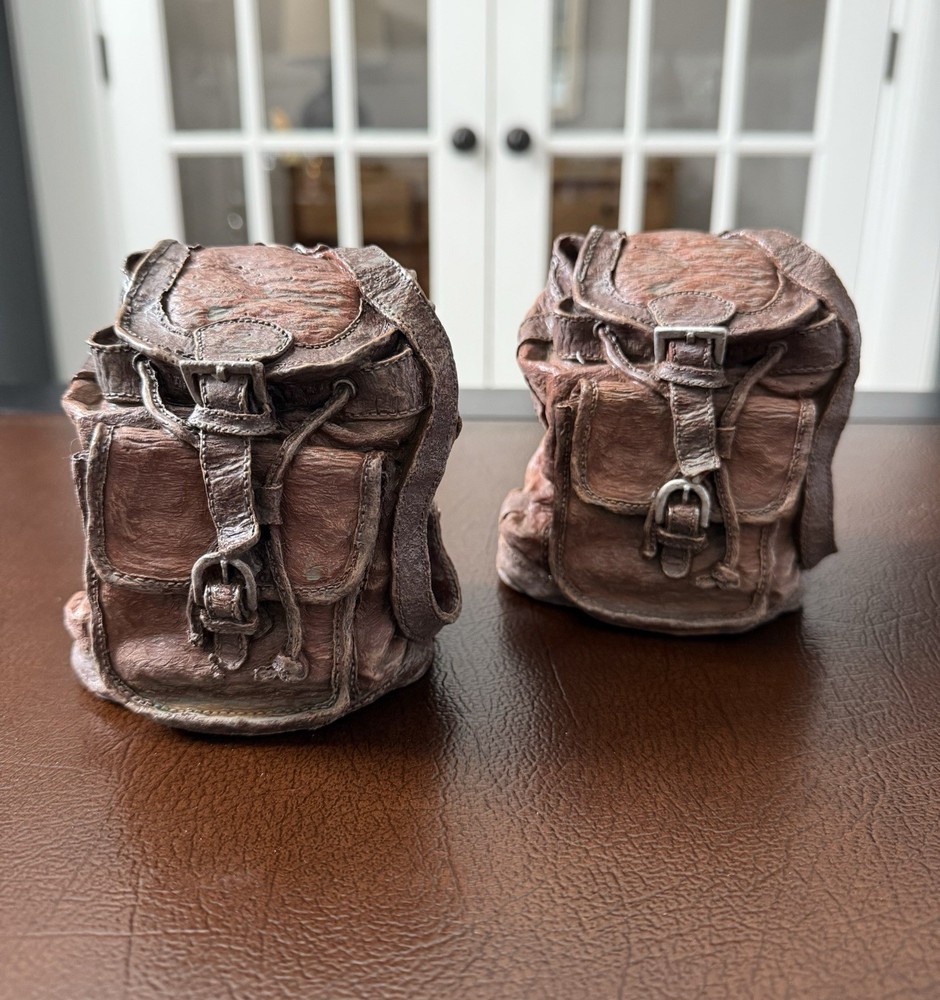 Distressed Leather Backpack Bookends Paperweight Decor