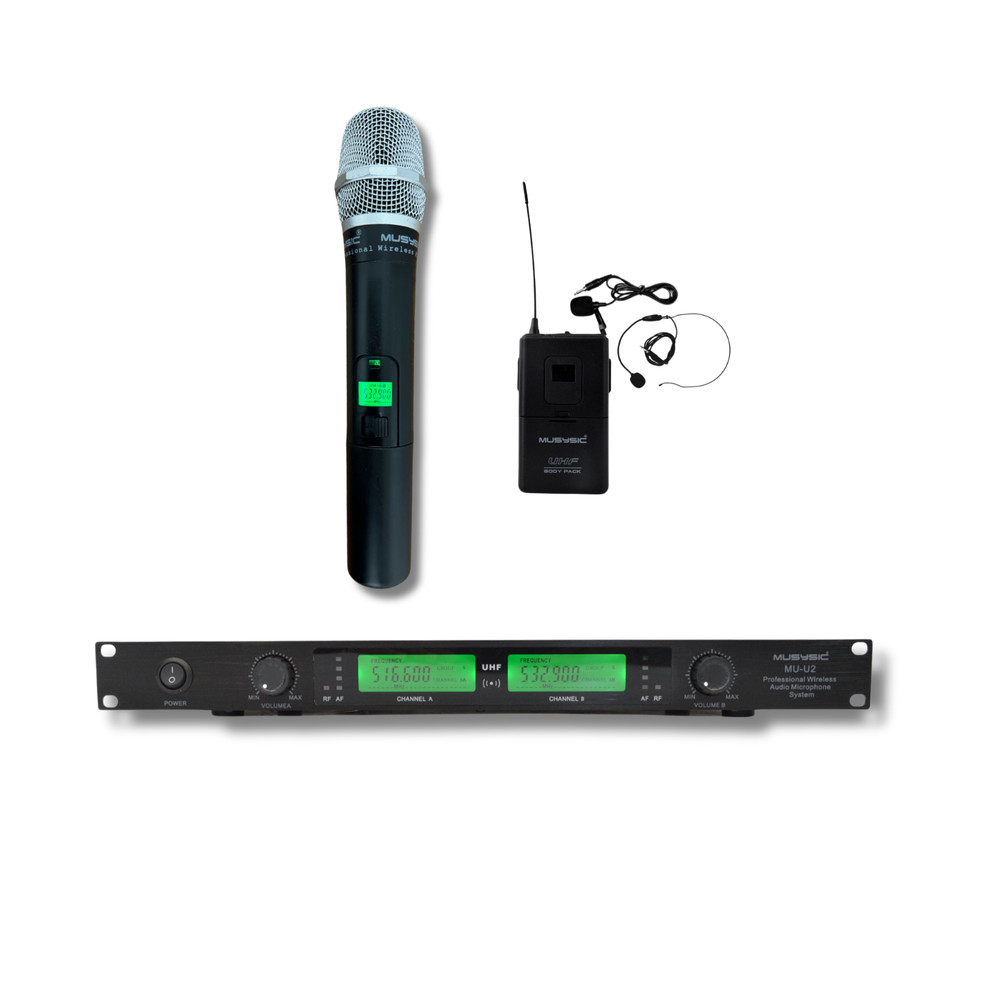 2 Channel Dual UHF Wireless Microphone System With Handheld & Lapel / Headset