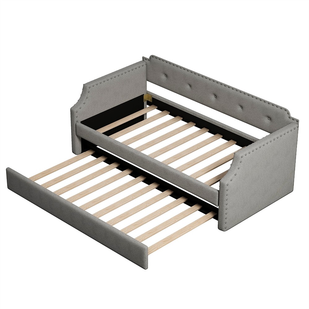 Twin Size Daybed with Pull-Out Trundle Bed Upholstered Bed Frame Sofa Bed US