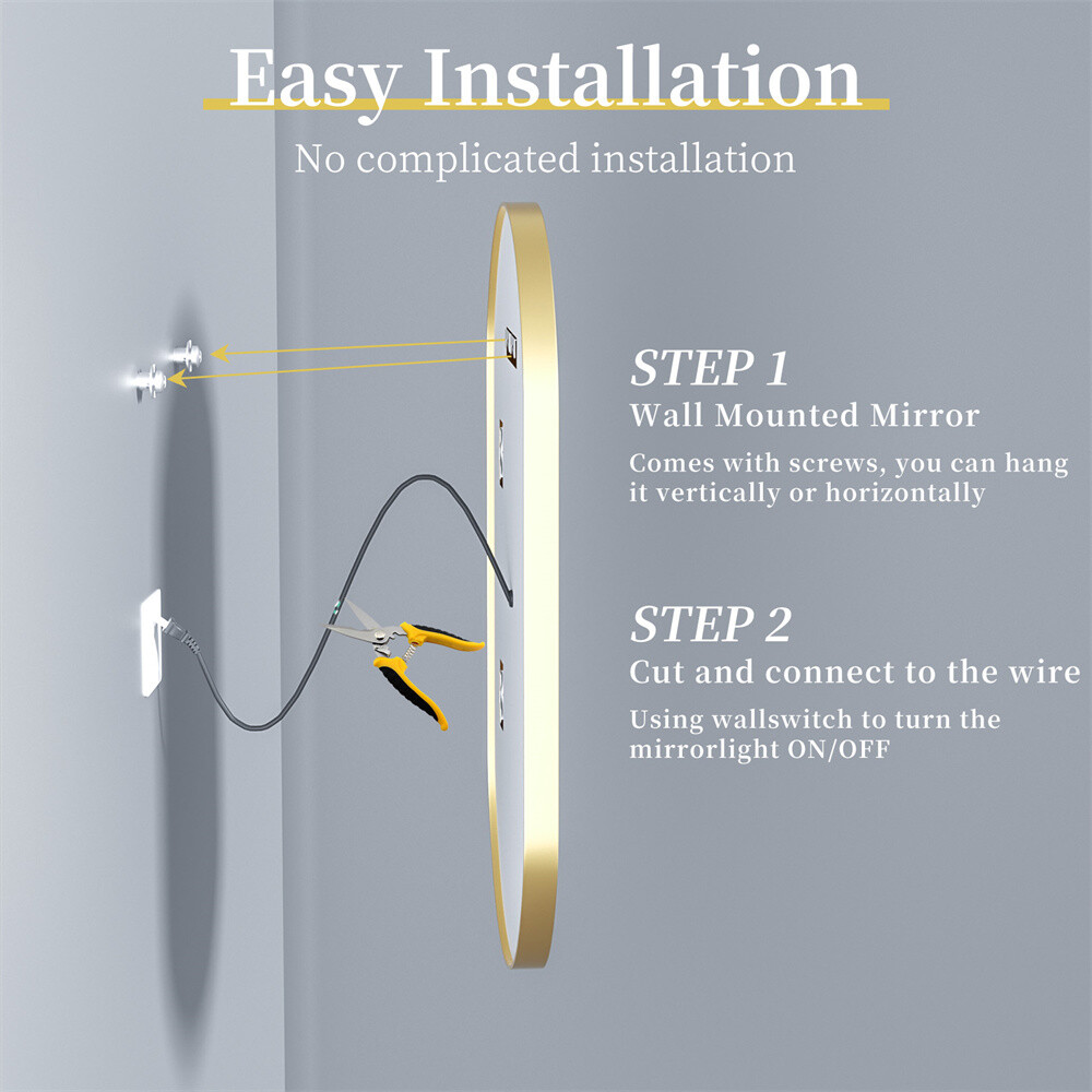 Oval LED Bathroom Mirror Gold Metal Frame Vanity Mirrors Dimmable 3 Touch Switch