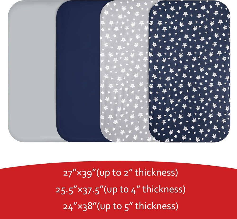 Pack and Play Sheets Boys, 4 Pack Mini Crib Sheets, Stretchy Pack and Play Playa