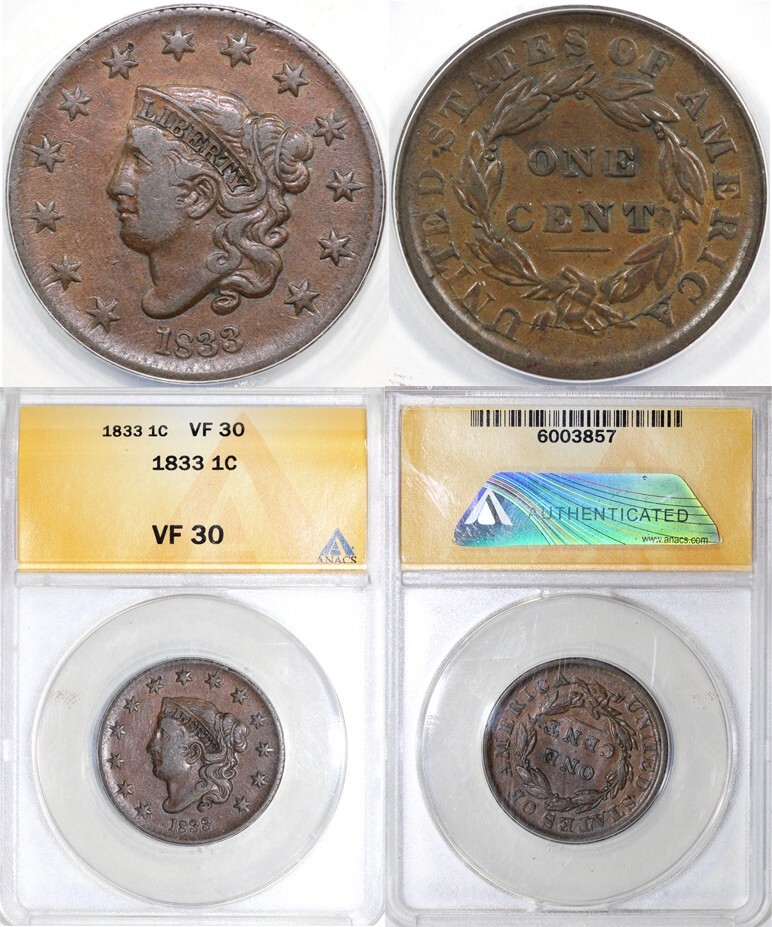 1833 1c N-1 Matron Head Large Cent ANACS VF 30