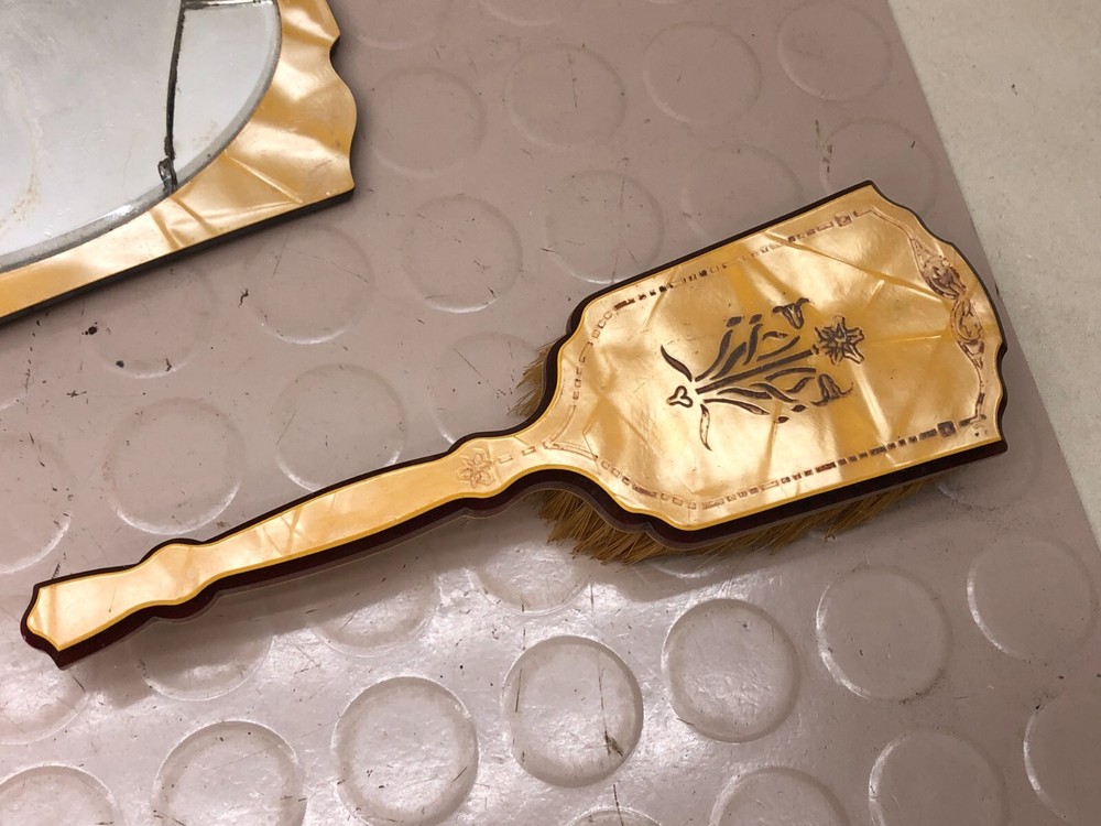 Vintage Gold Marble Bakelite Vanity Set Mirror Brush Hook