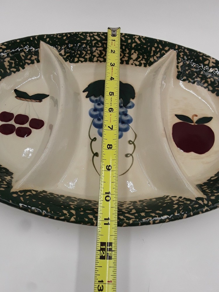 Three Compartment PLATTER Serving Tray Ceramic,Painted Fruit - 15.5" x 11" VTG