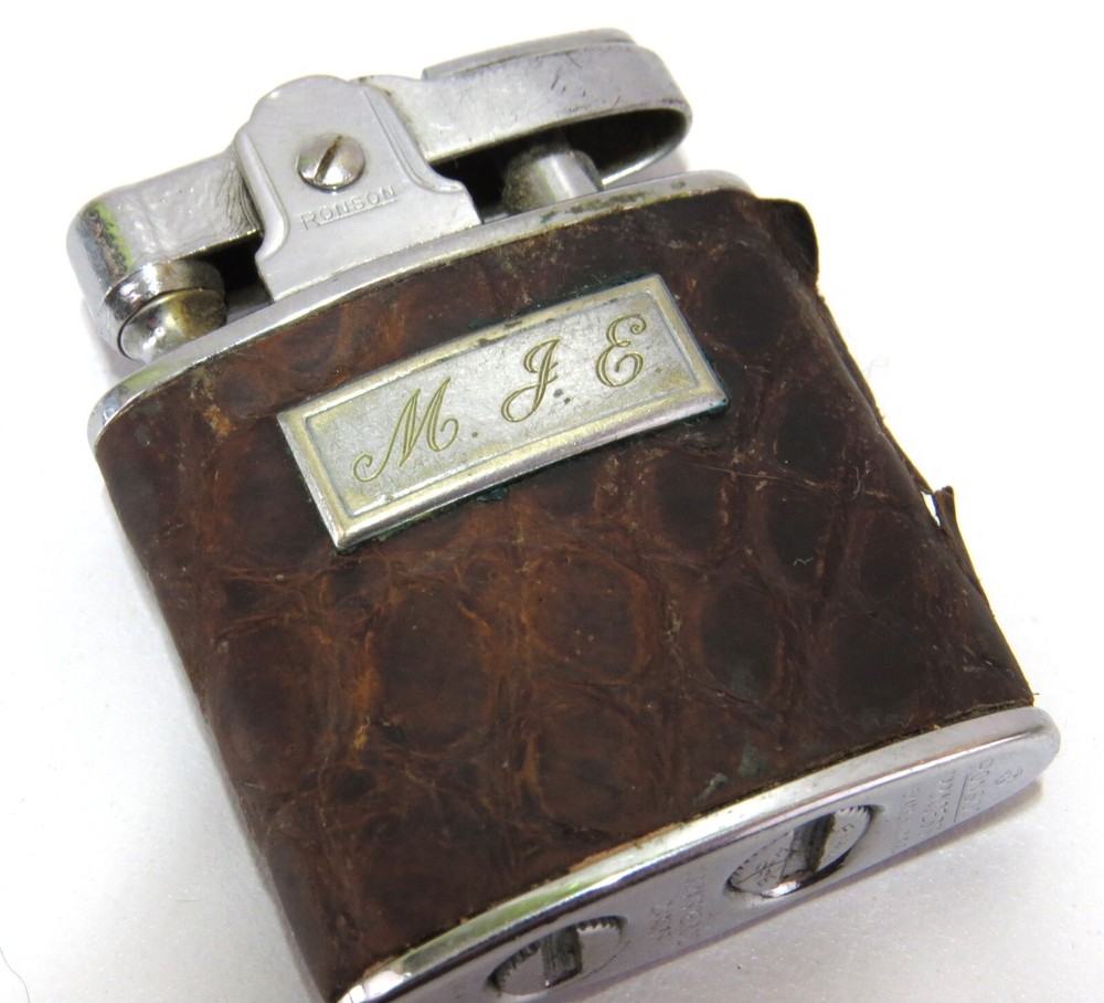 Ronson Princess Leather Wrapped Engraved Push-Button Vintage Cigarette Lighter