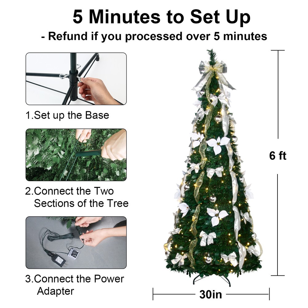 6Ft Pre-lit Pull Up Christmas Tree with Remote Fully Decorated w/ 200 LED Lights