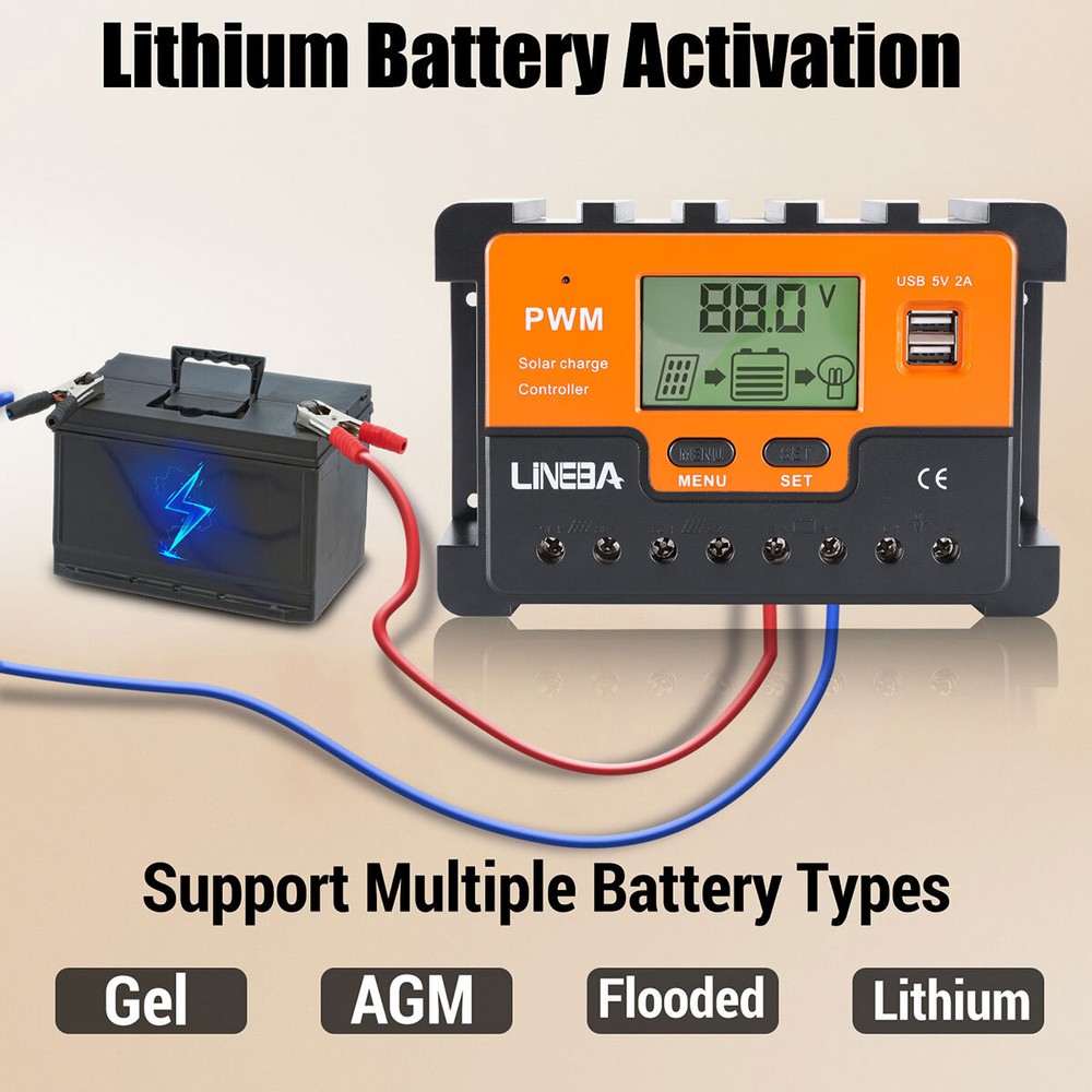 30/60/100A PWM Solar Panel Charge Controller 12V/24V/48V Battery Regulator 2 USB