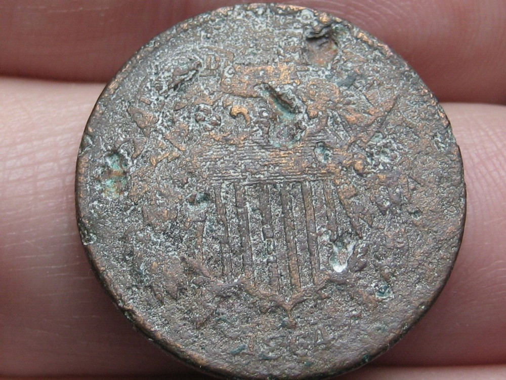 1864 Two 2 Cent Piece- Large Motto, Shipwreck Effect