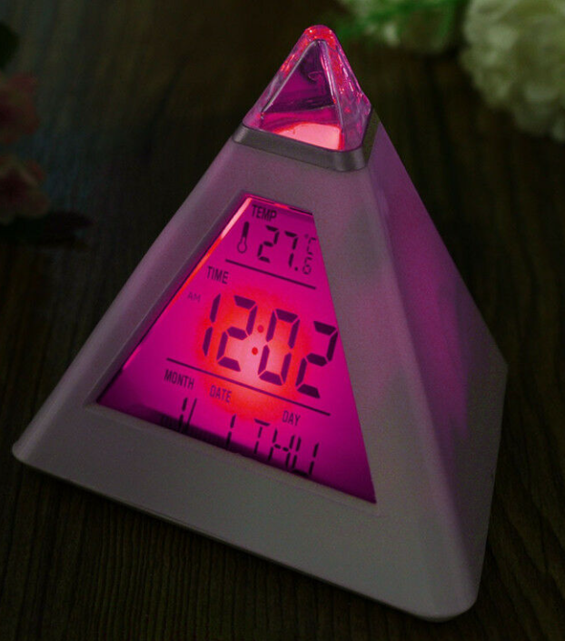 Alarm Clock Pyramid 7 LED Color Changing Timer Night Light Temperature Date