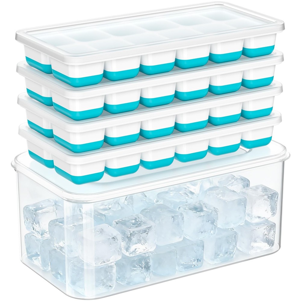 NFK Ice Cube Tray with Lid & Bin - 4 Pack Stackable Silicone Trays for Blue