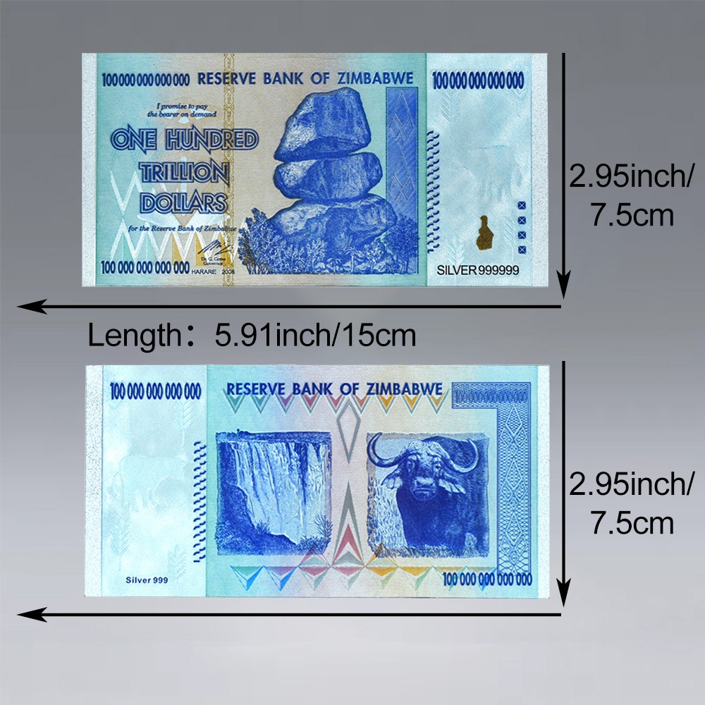 100PCS/box Zimbabwe 100Trillion Silver Foil Banknotes with Fluorescent Effect