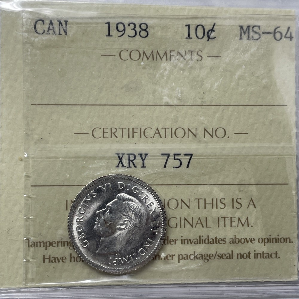 1938 Canada 10 Cent. ICCS Certified MS-64. C-2335