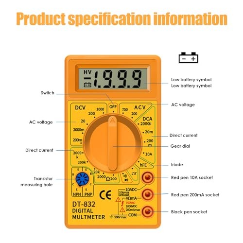 DT832 Digital Multimeter Multi Tester Handheld Multimeter Mini Pocket Yellow
