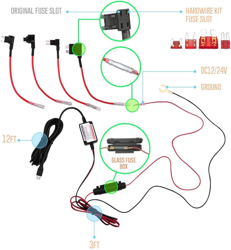 15Ft Micro USB & Mini USB Dash Cam & Type-C Hardwire Kit W. Mini(Acs)/Lp Mini(Ac