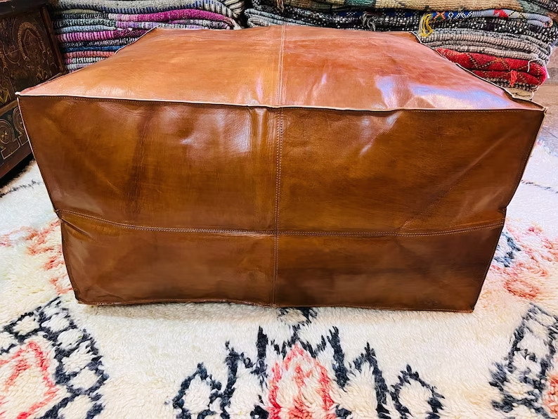 30'' Large Brown Moroccan Leather Pouffe Boho Ottoman Unstuffed Genuine