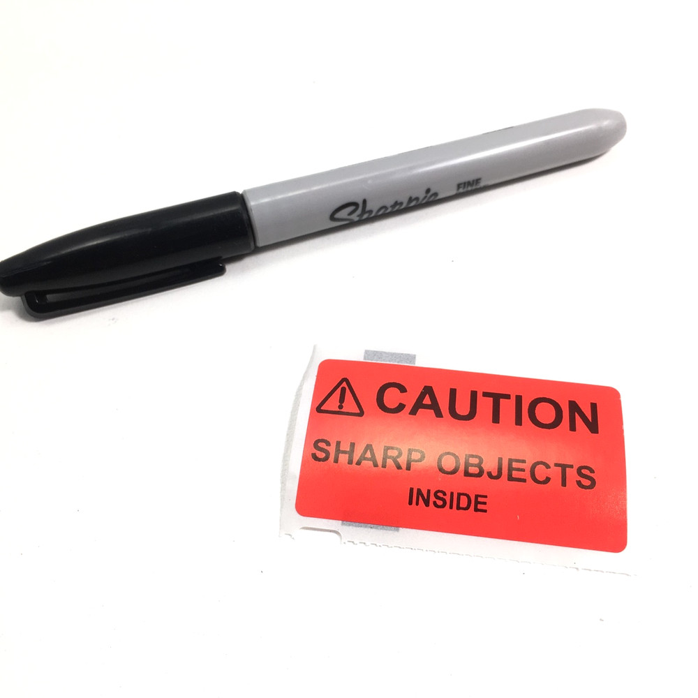 ⚠CAUTION SHARP OBJECTS INSIDE Warning Sticker Label RED 2.25" L x 1.25" H